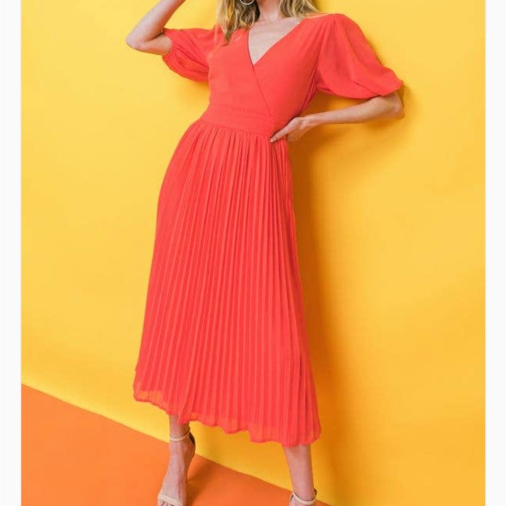 Coral Pleated Midi Dress with Puff Sleeves